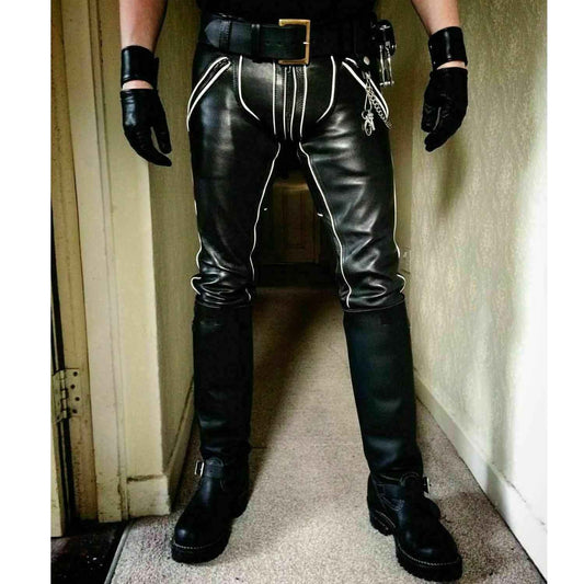 Men's Real Cowhide Leather Double Zip GAY Pants Trousers Bikers Jeans