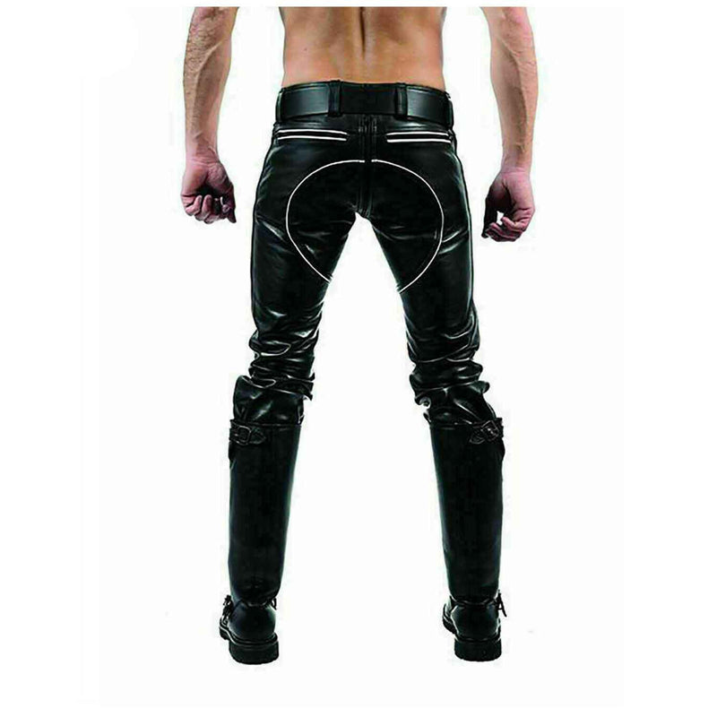 Men's Real Cowhide Leather Double Zip GAY Pants Trousers Bikers Jeans