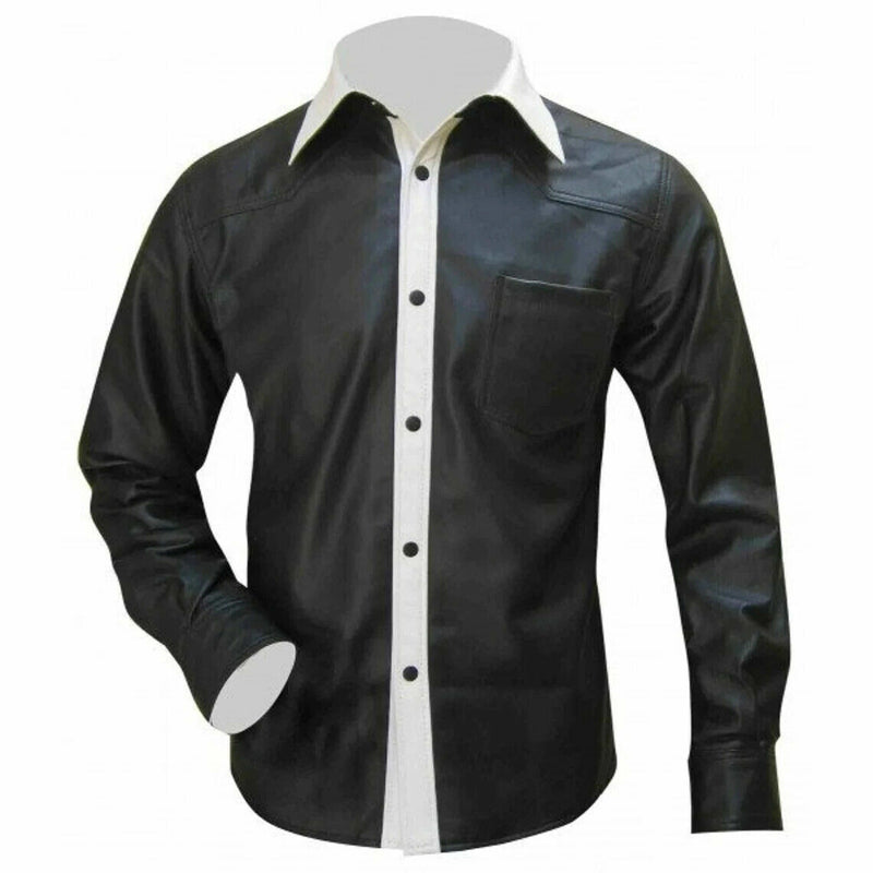 Camisa a medida BLUF de manga larga en piel de napa auténtica de oveja para hombre en dos tonos en blanco y negro