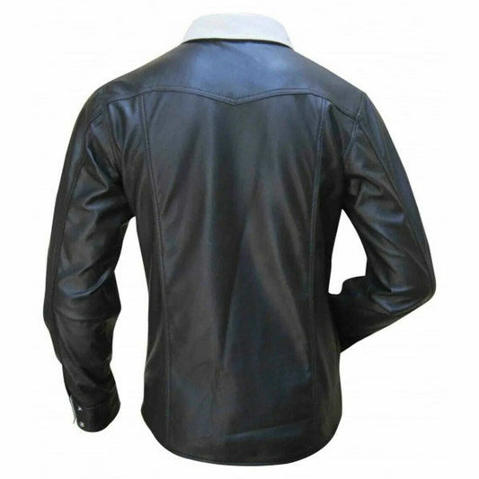Camisa a medida BLUF de manga larga en piel de napa auténtica de oveja para hombre en dos tonos en blanco y negro