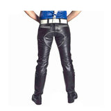 Men's Real Cow Leather GAY Pants Double Zip Trousers Motorbike Jeans Schwarz