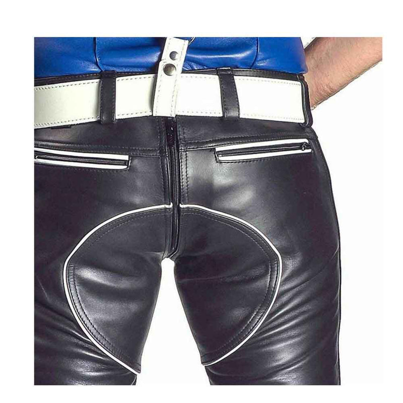 Pantalones GAY de piel auténtica de vaca para hombre, pantalones con doble cremallera, vaqueros de moto, color negro