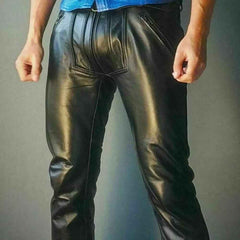 Pantalones de cuero de vaca real para hombre Pantalones vaqueros con doble cremallera BLUF Pantalones Bikers