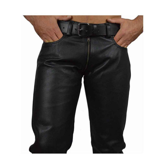 Men's Real Cowhide Leather Pants Double Zipped Leather Gay Pants Trousers