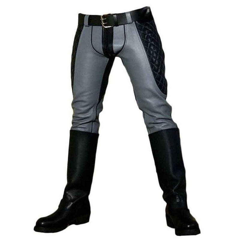 Men's Real Cowhide Leather Pants Jeans Gray and Black Contrast Saddleback Trousers