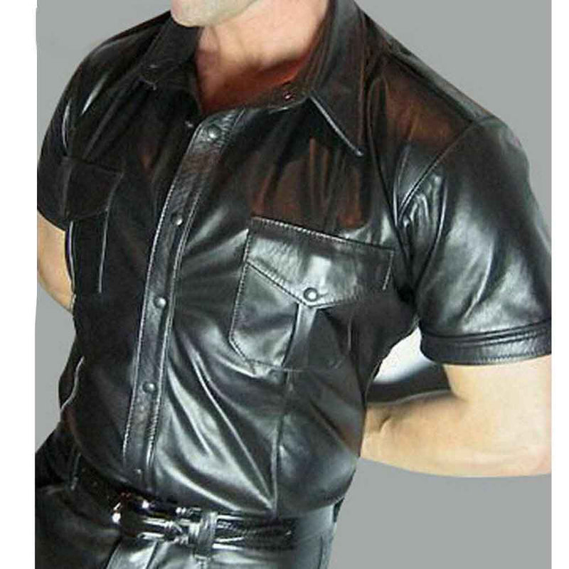 Men's Real Cowhide Leather Police Uniform Shirt Short Sleeve BLUF Shirt