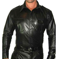 Camisa de policía de cuero auténtico para hombre Camisa BLUF de cuero estilo policía de manga larga