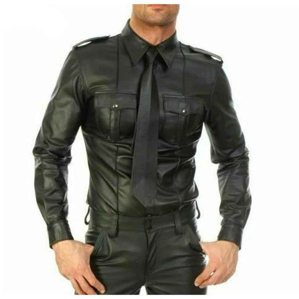 Camisa de estilo militar de policía negra de CUERO REAL para hombre, camisa Gay de MANGA COMPLETA BLUF