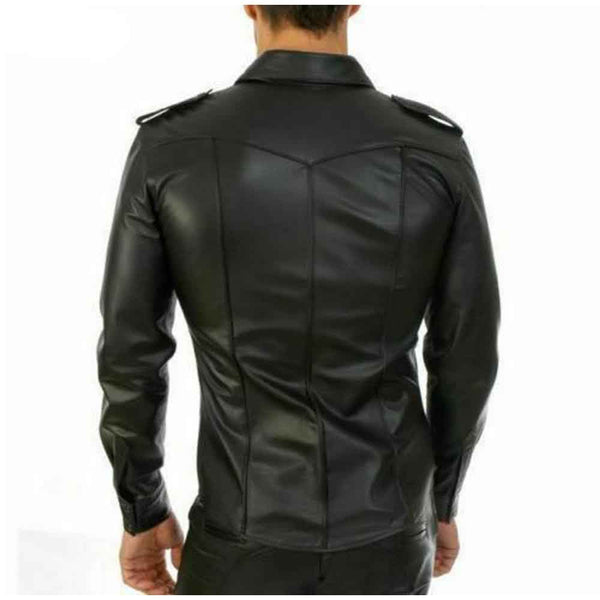 MENS REAL LEATHER Black Police Military Style Shirt BLUF FULL SLEEVES Gay Shirt