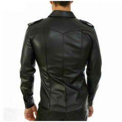 Camisa de estilo militar de policía negra de CUERO REAL para hombre, camisa Gay de MANGA COMPLETA BLUF