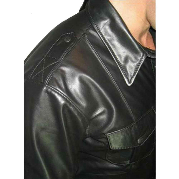 Men's Real Leather Police Shirt Long Sleeves Leather Police Style BLUF Shirt