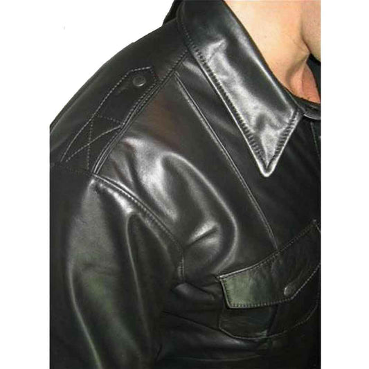 Camisa de policía de cuero auténtico para hombre Camisa BLUF de cuero estilo policía de manga larga