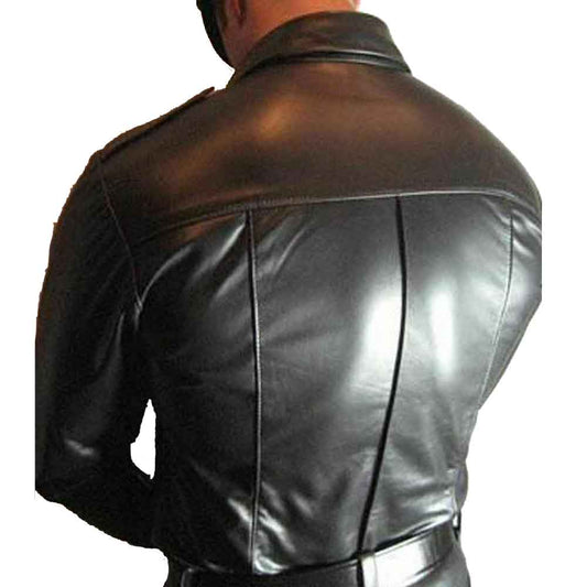 Camisa de uniforme de policía de cuero de vaca real para hombre Camisa BLUF de manga corta