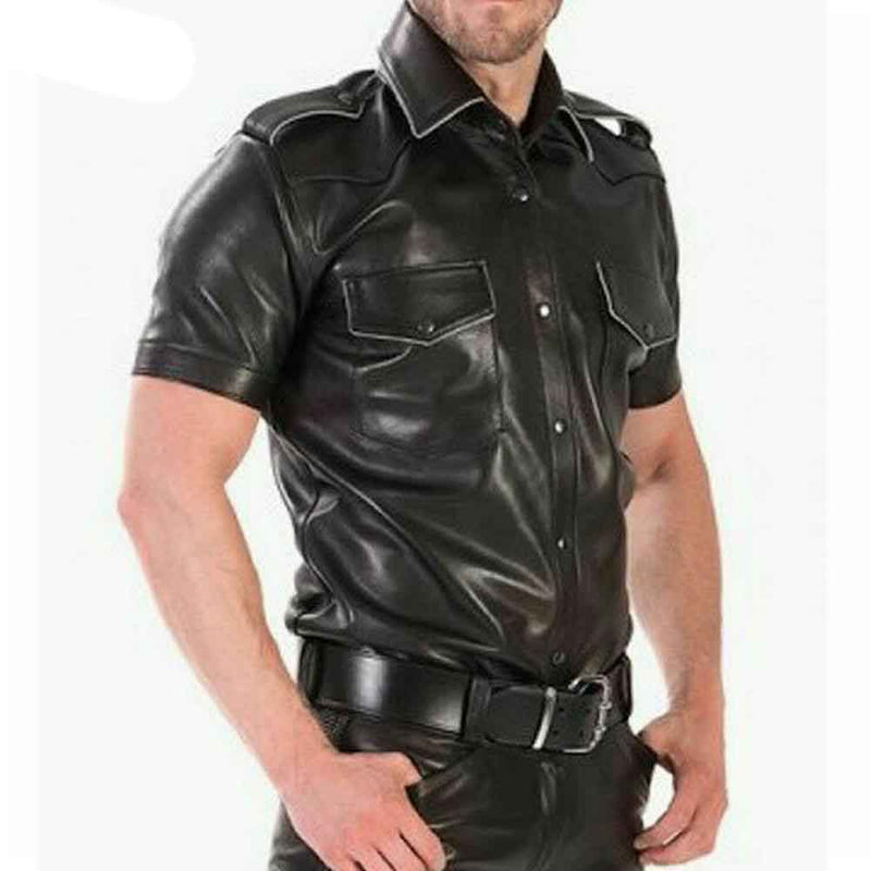 Mens Real Cowhide Leather Police Uniform Short Sleeve Shirt IN 4 Colors Piping