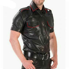 Camisa de manga corta para uniforme de policía de cuero de vaca auténtico para hombre en ribetes de 4 colores