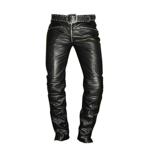 Men's Real Cowhide Leather Quilted Panels Slim Fit Trousers Pants Bikers Jeans Lederhosen
