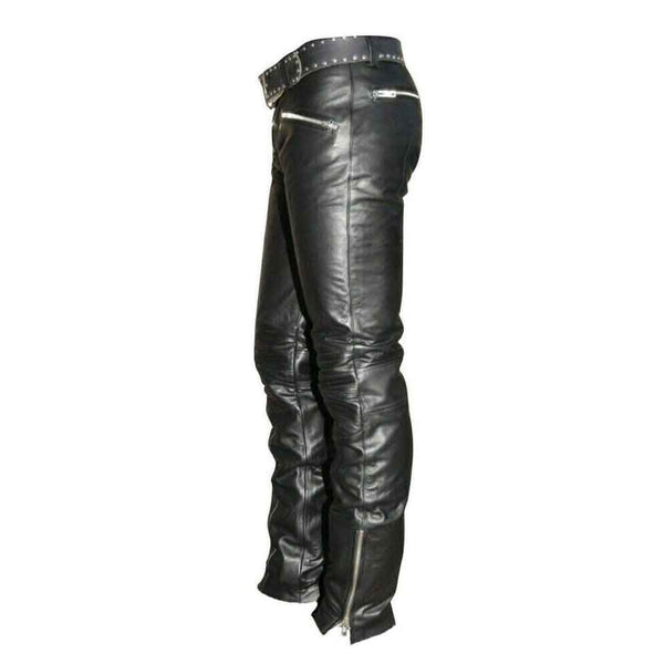 Men's Real Cowhide Leather Quilted Panels Slim Fit Trousers Pants Bikers Jeans Lederhosen