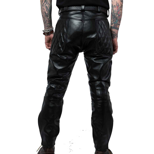 Men's Real Cowhide Leather Quilted Panels Trousers Breeches Pants Bikers Jeans