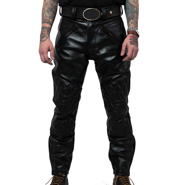 Men's Real Cowhide Leather Quilted Panels Trousers Breeches Pants Bikers Jeans