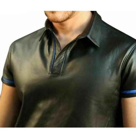 Polo de manga corta de piel de cordero auténtica para hombre con ribetes a elegir