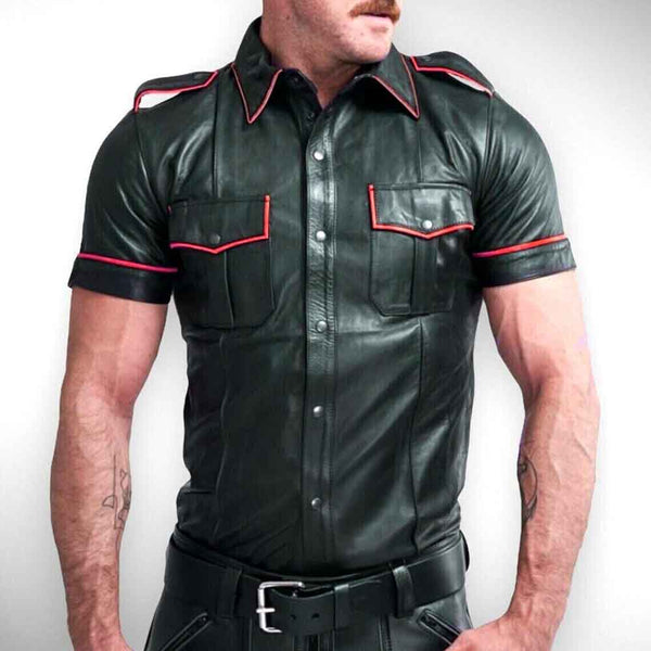 Camisa de motociclista negra con ribetes rojos estilo policía de cuero de cordero real para hombre