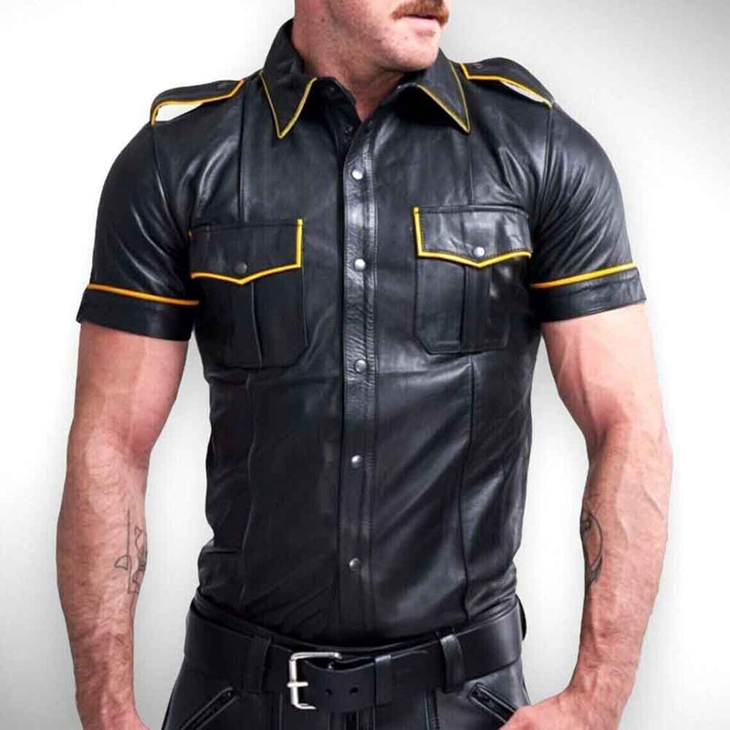 Camisa de motociclista negra con ribetes amarillos estilo policía de cuero de cordero real para hombre
