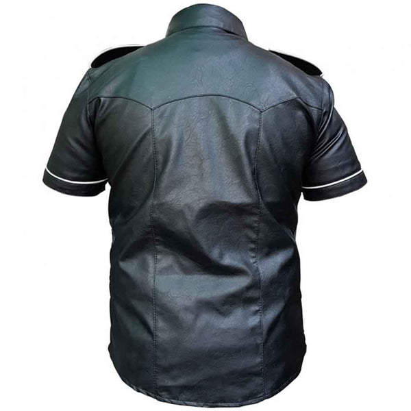 Camisa de motociclista negra con ribetes blancos estilo policía de cuero de cordero real para hombre