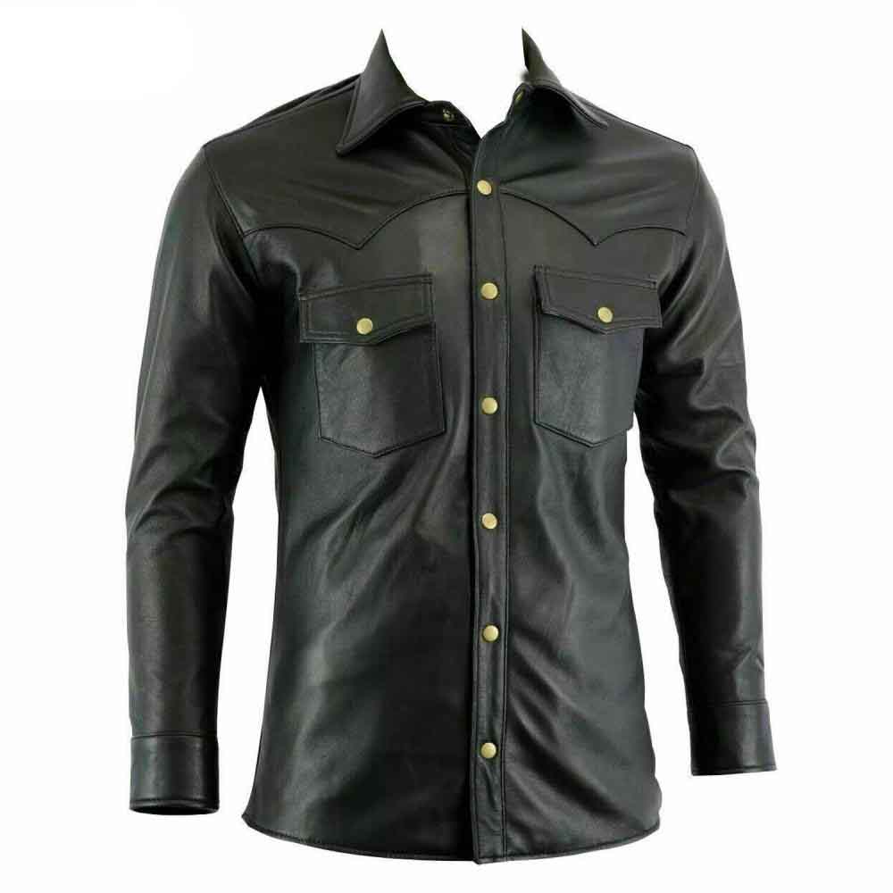 Camisa de piel de cordero auténtica para hombre, estilo militar, color negro, policía, BLUF Gay, la mayoría de los tamaños