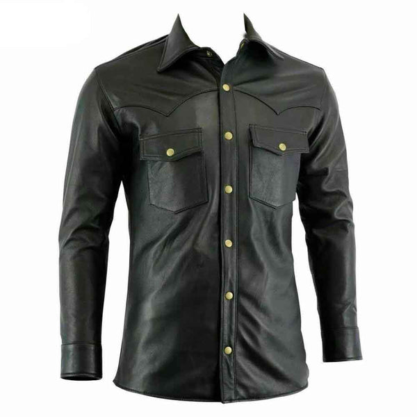 Mens Real Lambskin Leather Black Police Military Style Shirt BLUF Gay Most Sizes