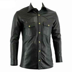 Camisa de piel de cordero auténtica para hombre, estilo militar, color negro, policía, BLUF Gay, la mayoría de los tamaños
