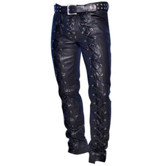 Pantalones de motociclista de cuero auténtico para hombre con cordones delanteros y traseros