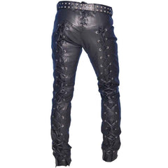 Pantalones de motociclista de cuero auténtico para hombre con cordones delanteros y traseros