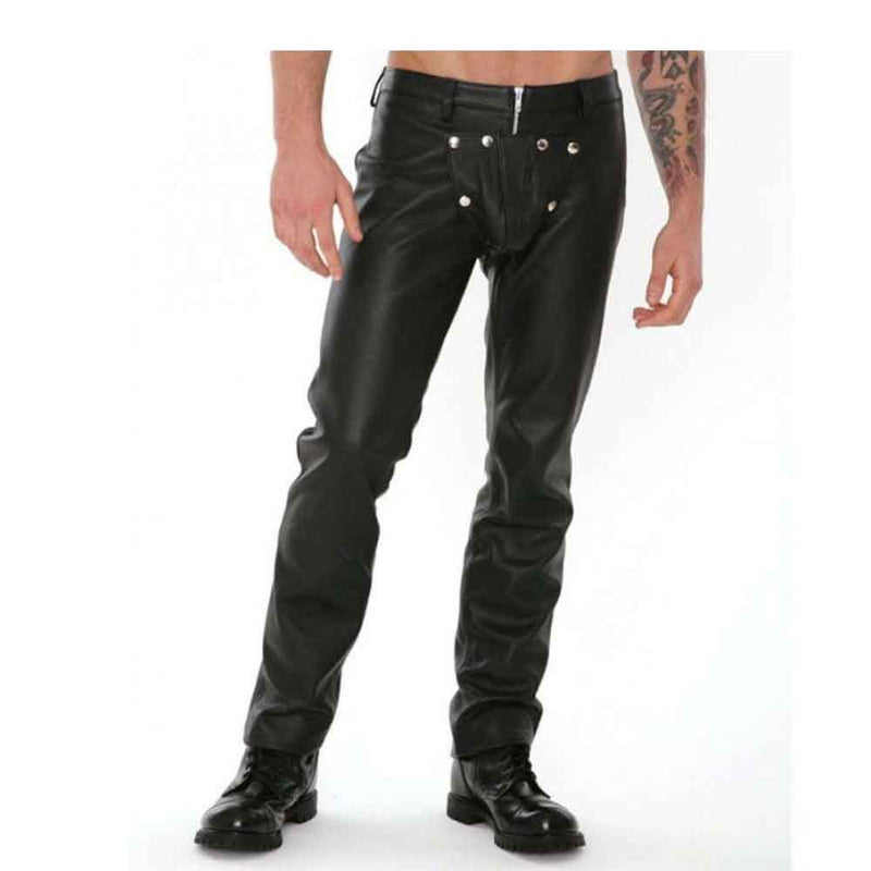 Men's Real Leather Bikers Pants Leather Pants With Detachable Front Codpiece