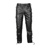 Pantalones de motociclista de cuero auténtico para hombre con cordones laterales y delanteros