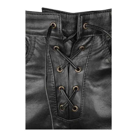 Pantalones de motociclista de cuero auténtico para hombre con cordones laterales y delanteros