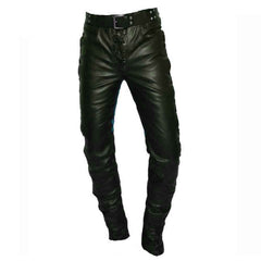 Mens Real Leather Bikers Pants Side and Front Laces Up Blue Contrast Leather Trousers