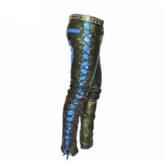 Mens Real Leather Bikers Pants Side and Front Laces Up Blue Contrast Leather Trousers