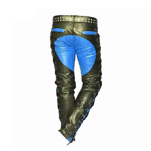 Mens Real Leather Bikers Pants Side and Front Laces Up Blue Contrast Leather Trousers