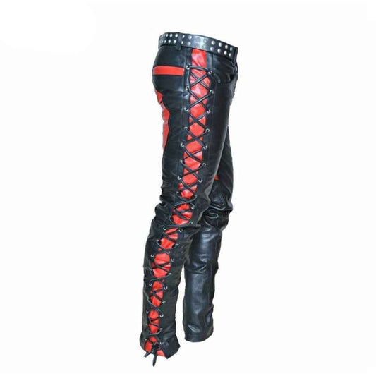 Mens Real Leather Bikers Pants Side and Front Laces Up Red Contrast Leather Trousers