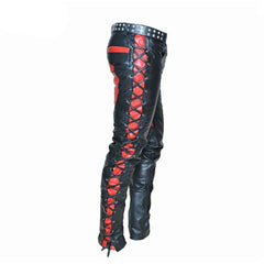 Mens Real Leather Bikers Pants Side and Front Laces Up Red Contrast Leather Trousers