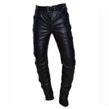 Mens Real Leather Bikers Pants Side and Front Laces Up Red Contrast Leather Trousers