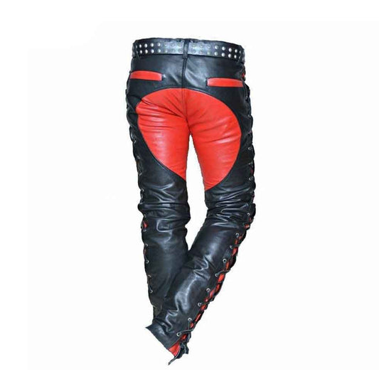 Mens Real Leather Bikers Pants Side and Front Laces Up Red Contrast Leather Trousers