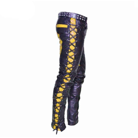 Mens Real Leather Bikers Pants Side and Front Laces Up Yellow Contrast Leather Trousers
