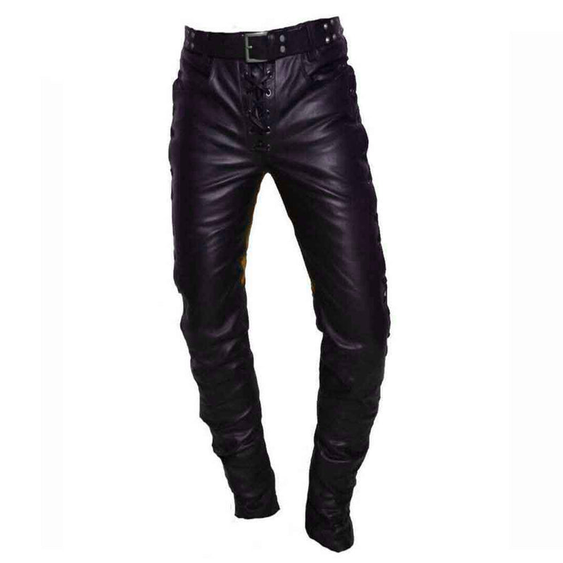 Mens Real Leather Bikers Pants Side and Front Laces Up Yellow Contrast Leather Trousers