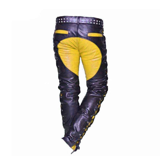 Mens Real Leather Bikers Pants Side and Front Laces Up Yellow Contrast Leather Trousers