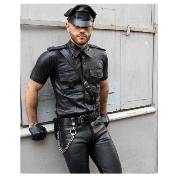 MENS REAL LEATHER Black Police Military Style Shirt BLUF ALL SIZE Shirt