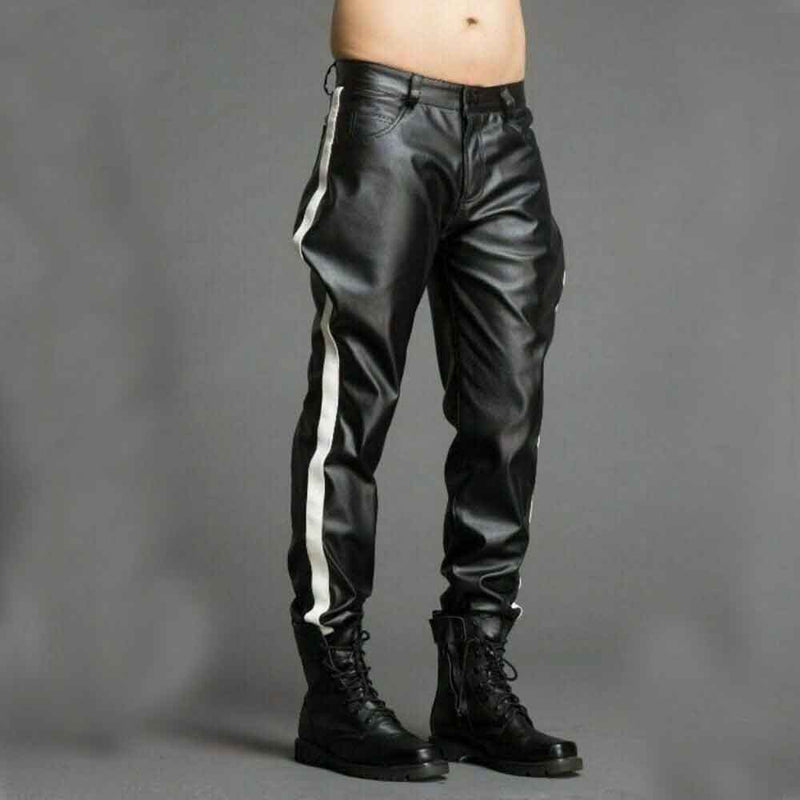 Men's Real Leather Pants Biker Bluf Side Stripes Breeches Trousers Lederhosen