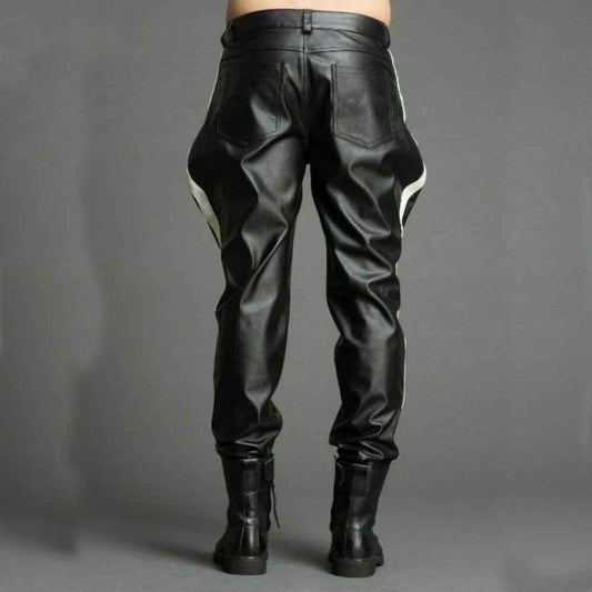 Men's Real Leather Pants Biker Bluf Side Stripes Breeches Trousers Lederhosen
