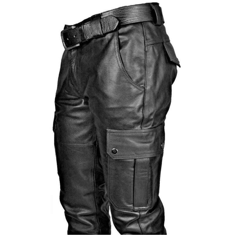 Pantalones negros de cuero auténtico para hombre, pantalones cargo con 6 bolsillos, pantalones de cuero para moteros