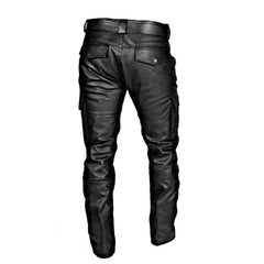 Men's Black Real Leather Pants Cargo 6 Pockets Pants Bikers Leather Breeches Trousers